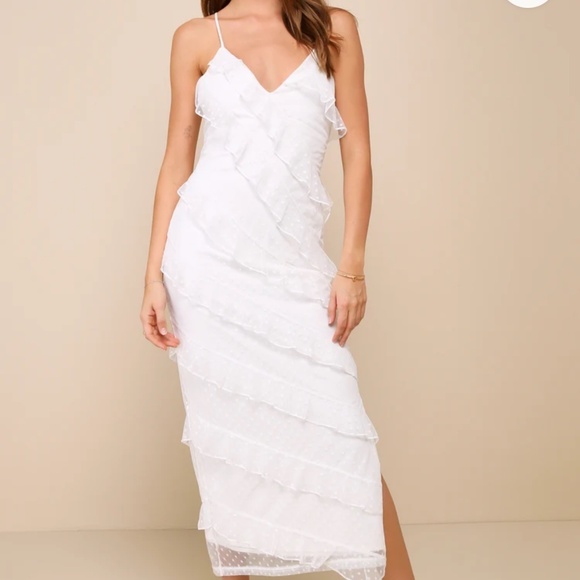 Lulus White Mesh Ruffled Swiss Dot Midi Dress - Picture 3 of 3